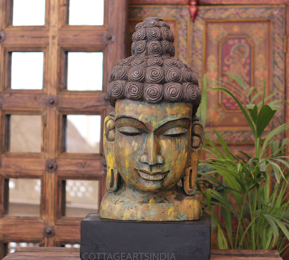 Handcrafted Wooden Buddha Head Sculpture – Vintage Antique Finish