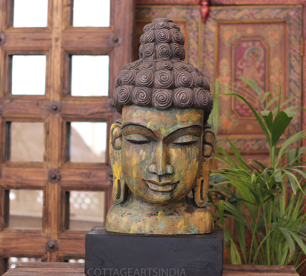 Handcrafted Wooden Buddha Head Sculpture – Vintage Antique Finish