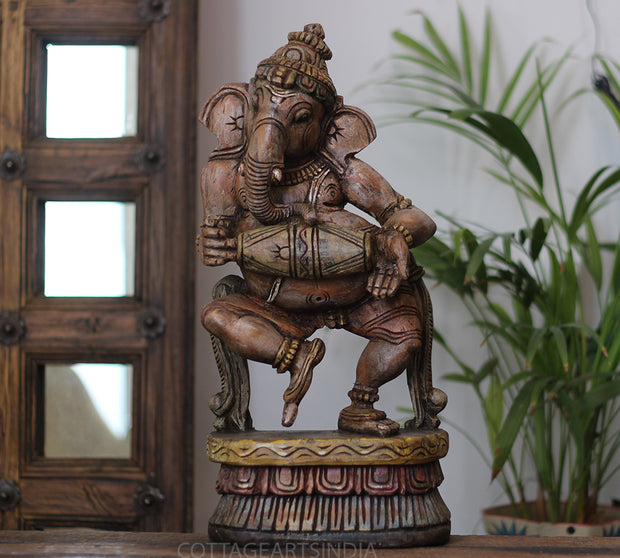 Handcrafted Wooden Lord Ganesha Playing Mridangam – Vintage Antique Finish