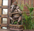 Handcrafted Wooden Lord Ganesha Playing Veena – Vintage Antique Finish