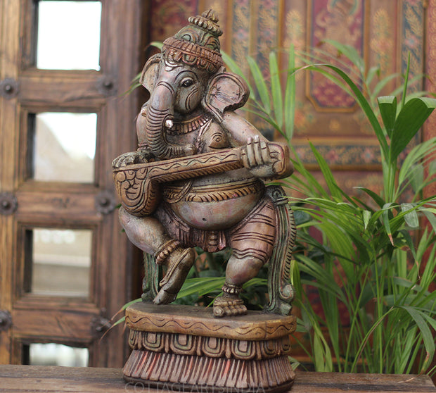 Handcrafted Wooden Lord Ganesha Playing Veena – Vintage Antique Finish