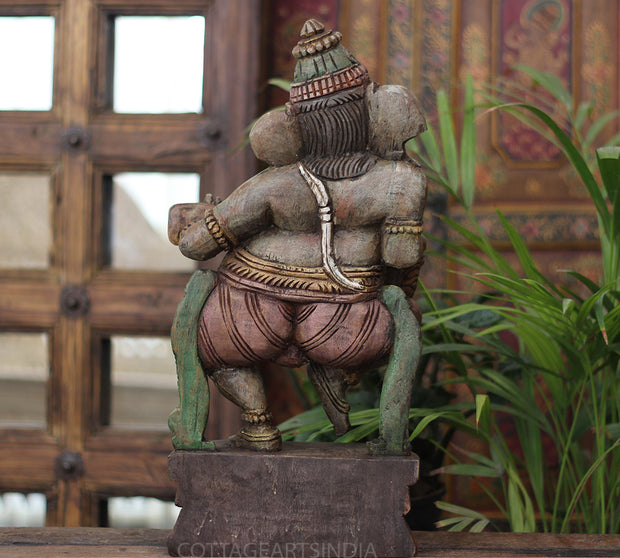 Handcrafted Wooden Lord Ganesha Playing Veena – Vintage Antique Finish