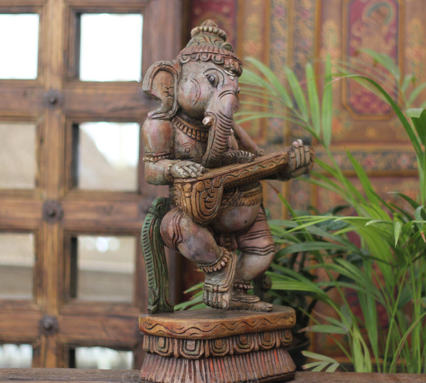 Handcrafted Wooden Lord Ganesha Playing Veena – Vintage Antique Finish