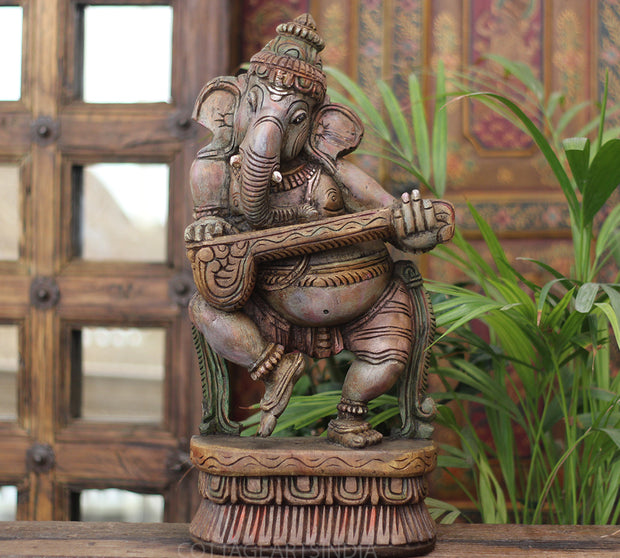 Handcrafted Wooden Lord Ganesha Playing Veena – Vintage Antique Finish