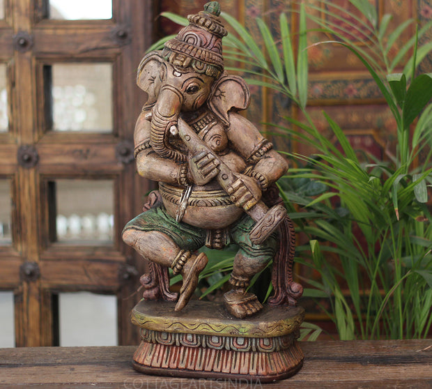 Handcrafted Wooden Lord Ganesha Playing Flute Sculpture – Vintage Antique Finish