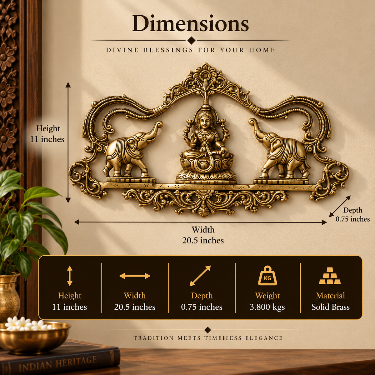 Brass Gaja Lakshmi Wall Panel | Handcrafted Lakshmi with Elephants