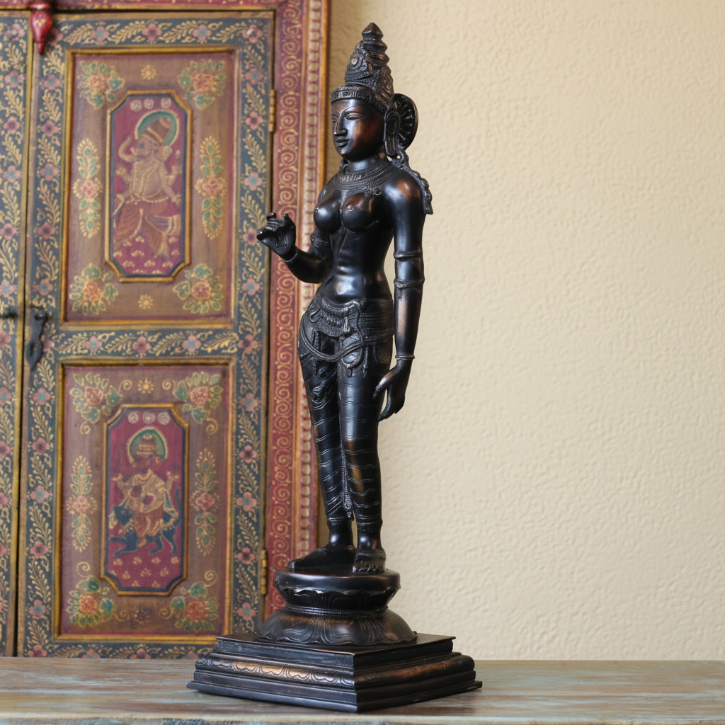 Brass Uma Parvati Sculpture 27" | Chola Inspired South Indian Goddess Statue