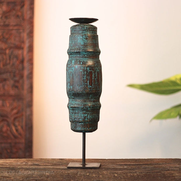 Vintage Wooden Pillar Candle Holder | Rustic Handcrafted Heritage Décor