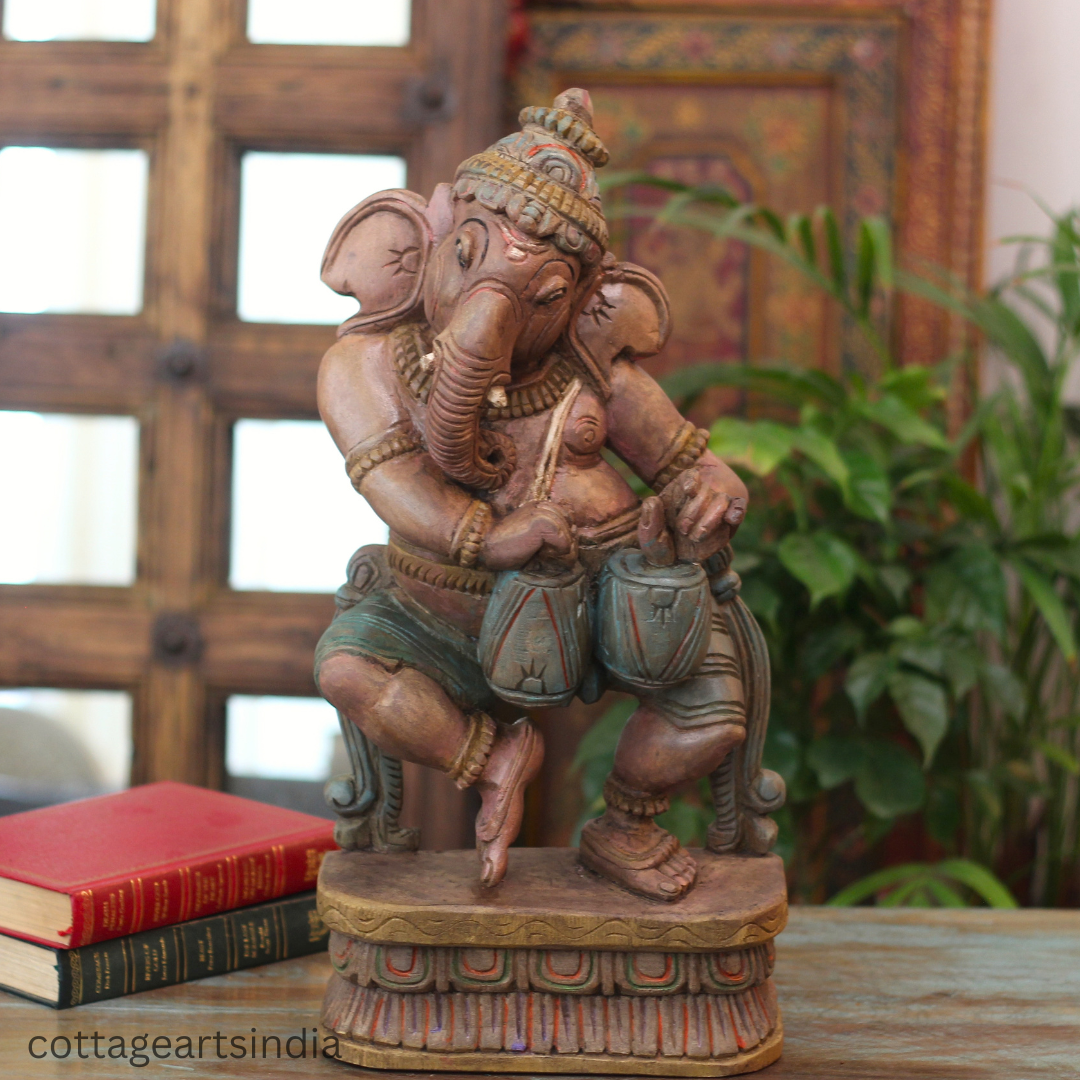Handcrafted Wooden Ganesha Playing Tabla | Traditional Indian Decor