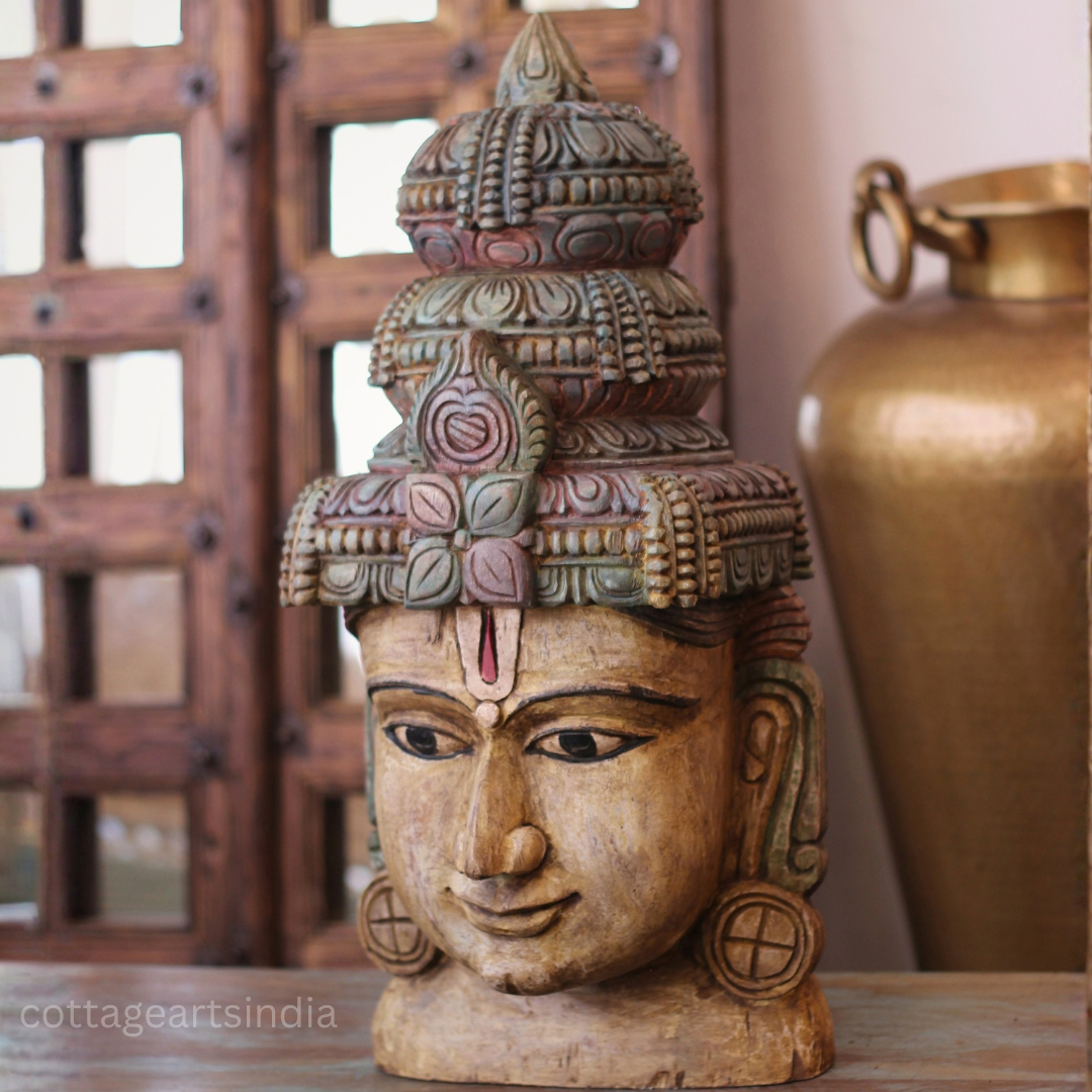 Handcrafted 25" Wooden Lord Vishnu Head Sculpture  – Vintage Antique Finish