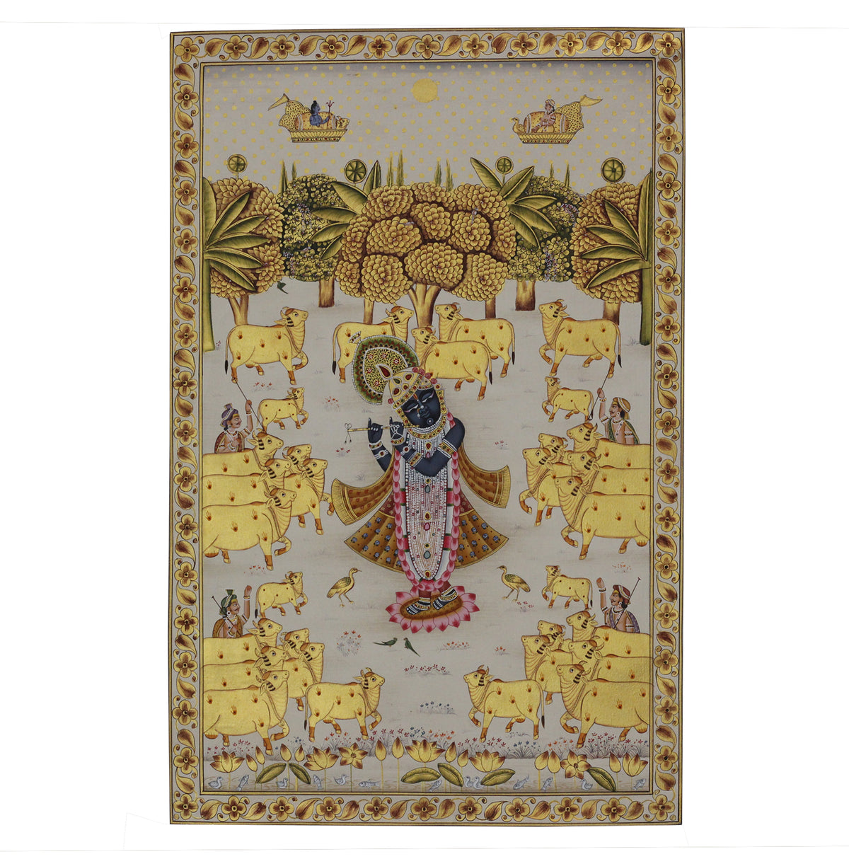 Shrinathji in Vrindavan with Sacred Cows Pichwai Painting – Handcrafted Gold Foil Artwork