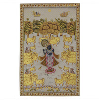 Shrinathji in Vrindavan with Sacred Cows Pichwai Painting – Handcrafted Gold Foil Artwork