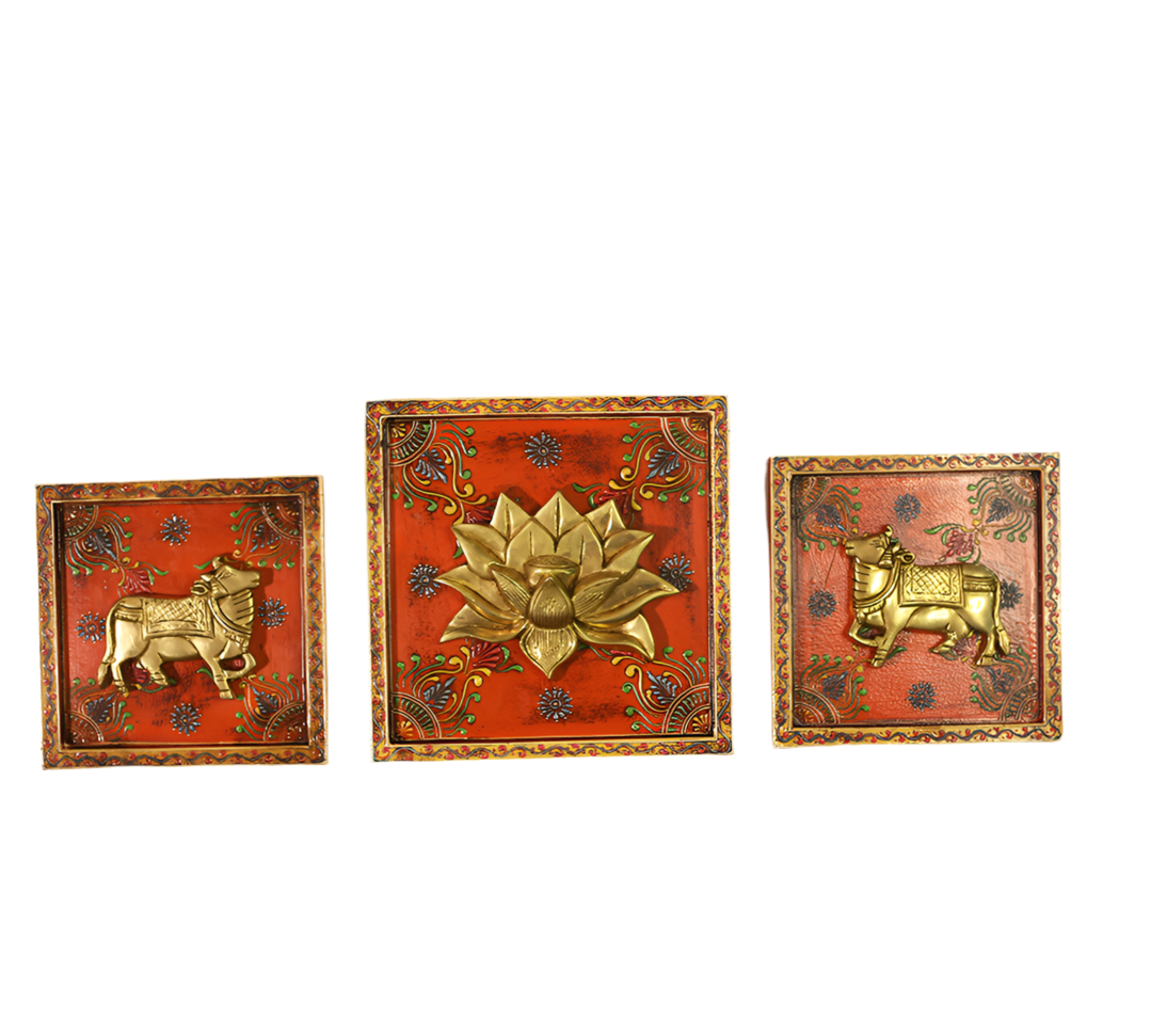Brass Lotus and Cow pair Wooden Frame