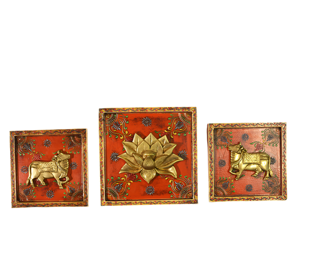Brass Lotus and Cow pair Wooden Frame