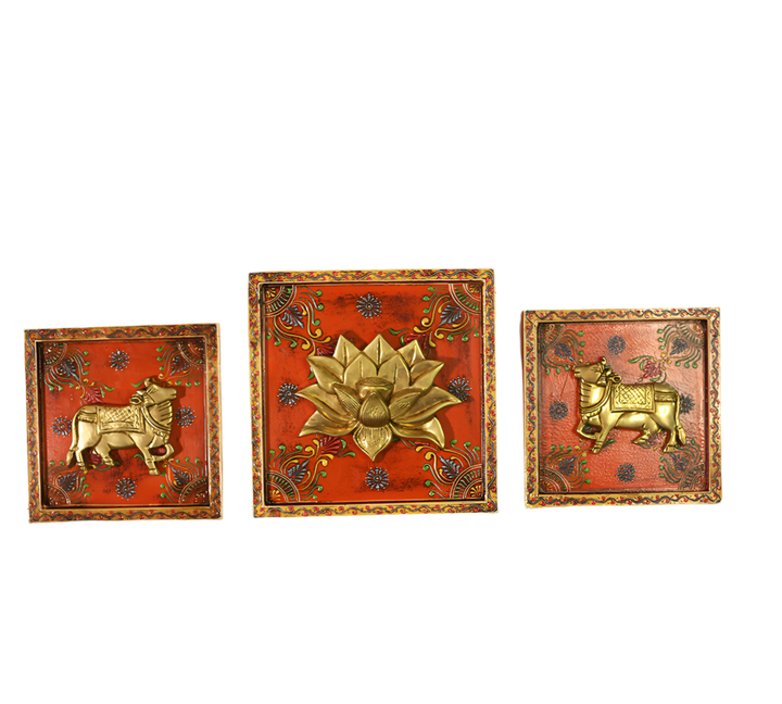 Brass Lotus and Cow pair Wooden Frame