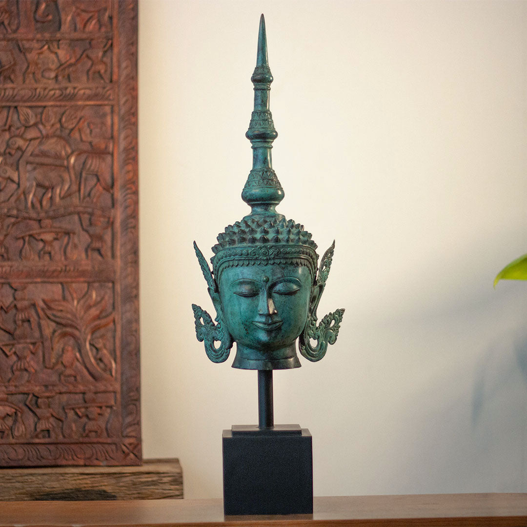 Balinese Bronze Buddha Head Sculpture with Wood Base