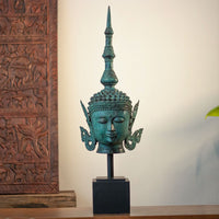 Balinese Bronze Buddha Head Sculpture with Wood Base