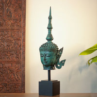 Balinese Bronze Buddha Head Sculpture with Wood Base
