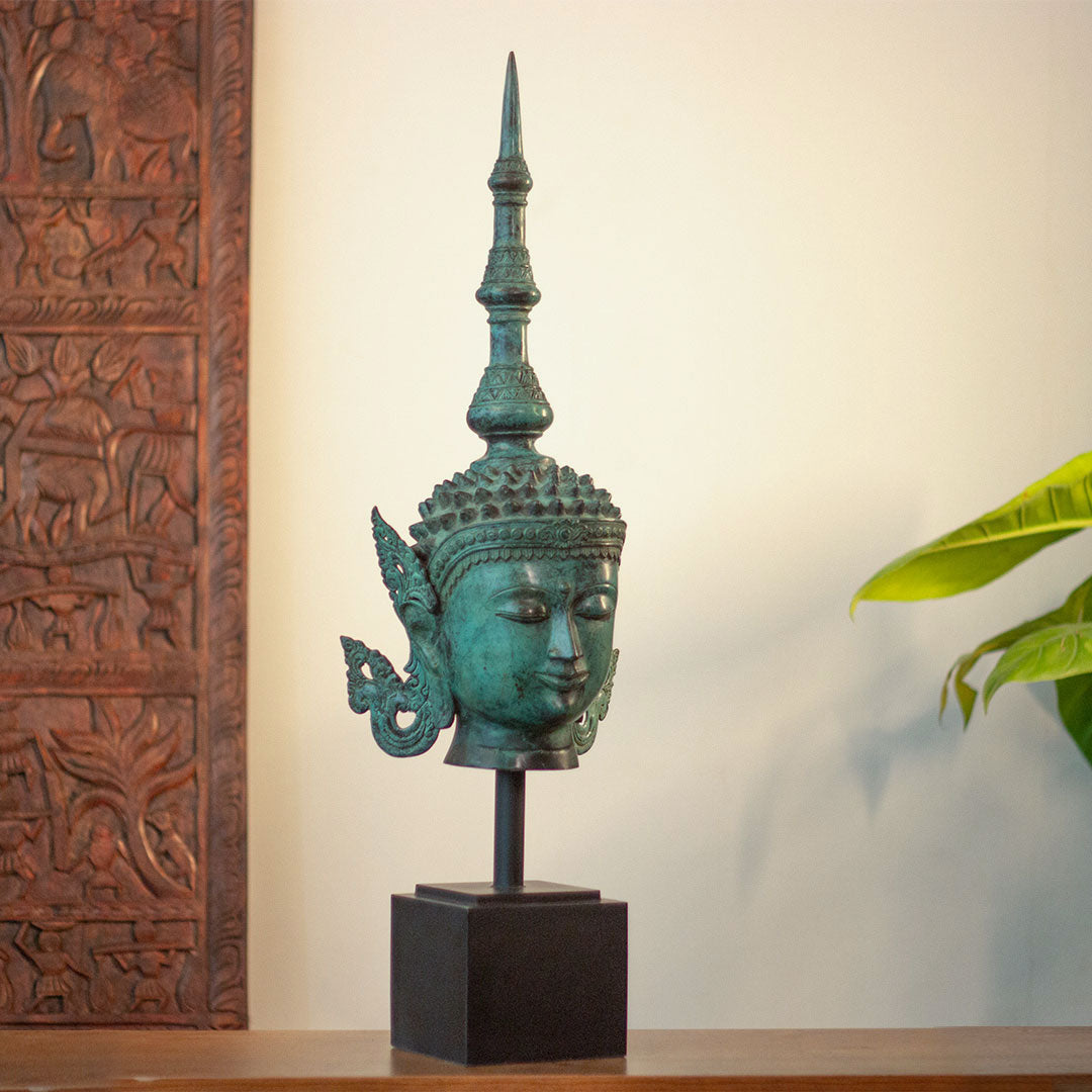 Balinese Bronze Buddha Head Sculpture with Wood Base