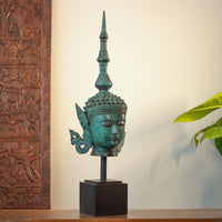 Balinese Bronze Buddha Head Sculpture with Wood Base