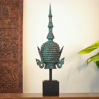 Balinese Bronze Buddha Head Sculpture with Wood Base