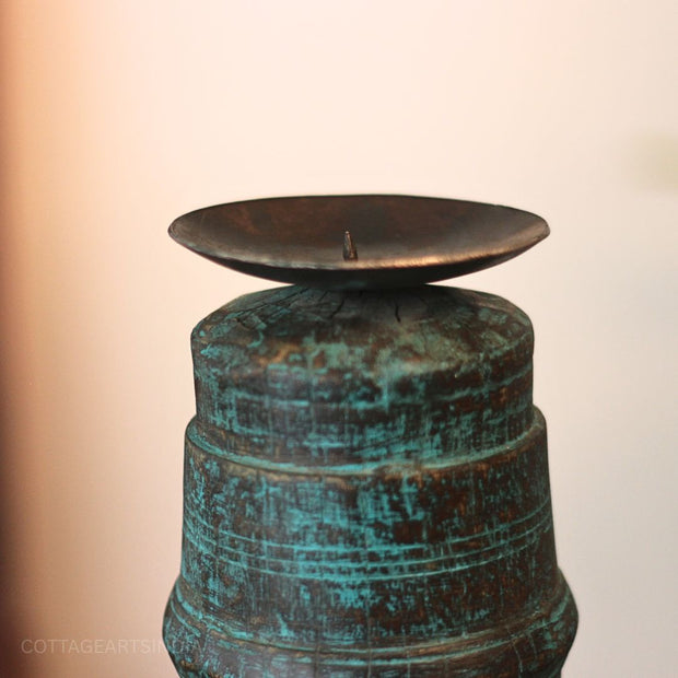 Vintage Wooden Pillar Candle Holder | Rustic Handcrafted Heritage Décor