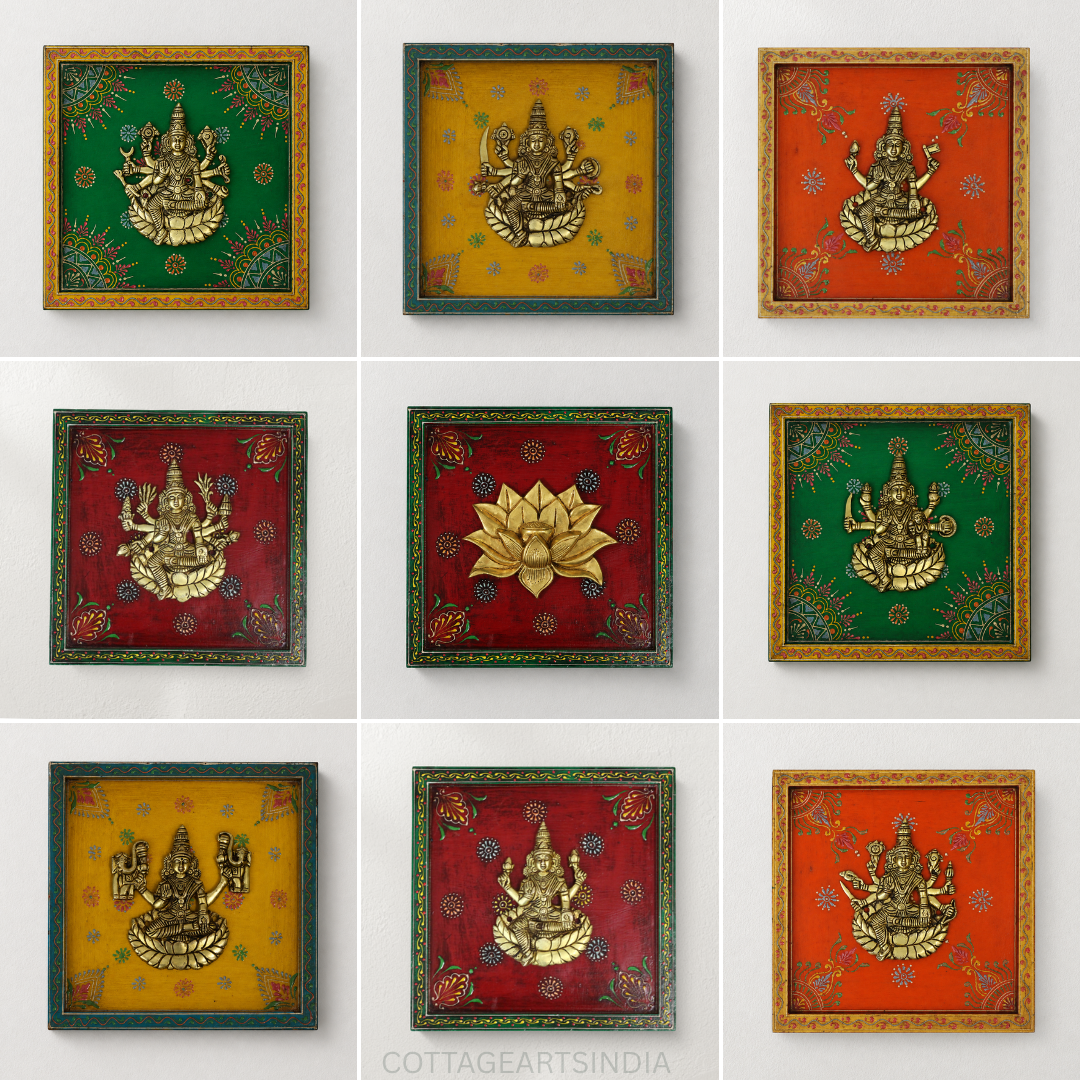 Wooden Handpainted Framed Brass Ashtalakshmi And Lotus -Set of 9