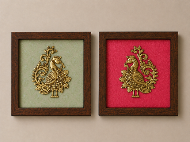 Set of Six Brass Figurines Wooden Wall Frames