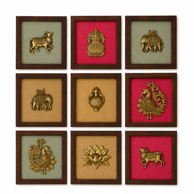 Set of Nine Brass Figurines Wooden Wall Frames