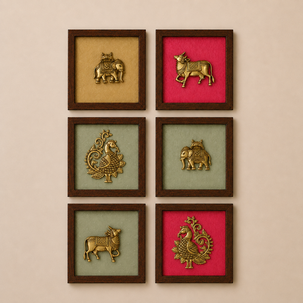 Set of Six Brass Figurines Wooden Wall Frames