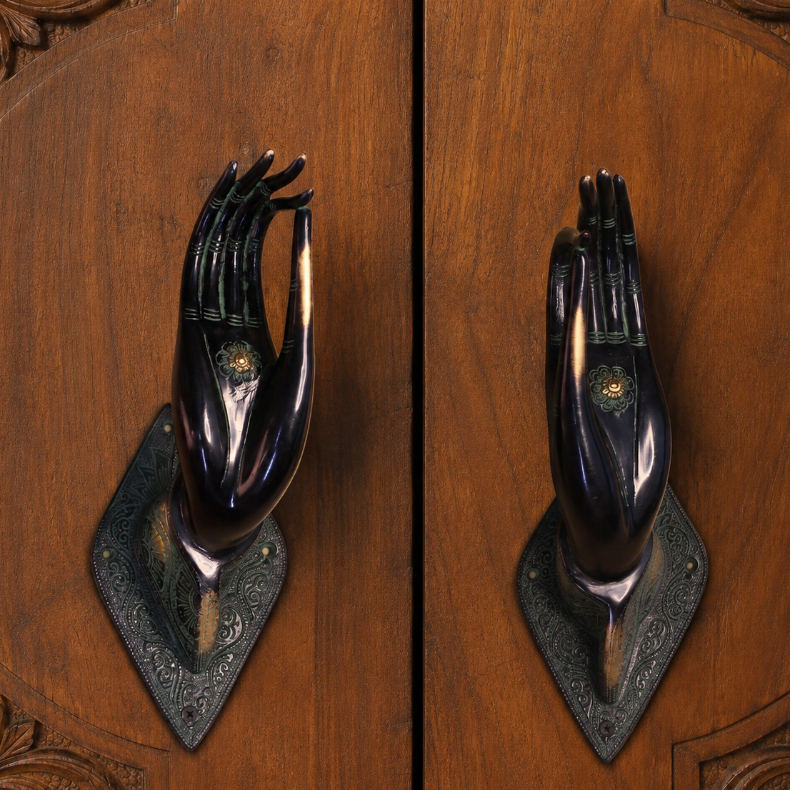 Brass Door Handles Pair | Blessing & Meditation Hands