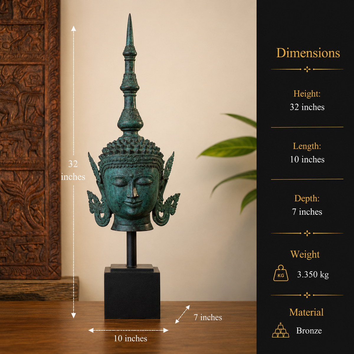 Balinese Bronze Buddha Head Sculpture with Wood Base