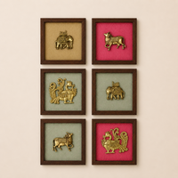 Set of Six Brass Figurines Wooden Wall Frames
