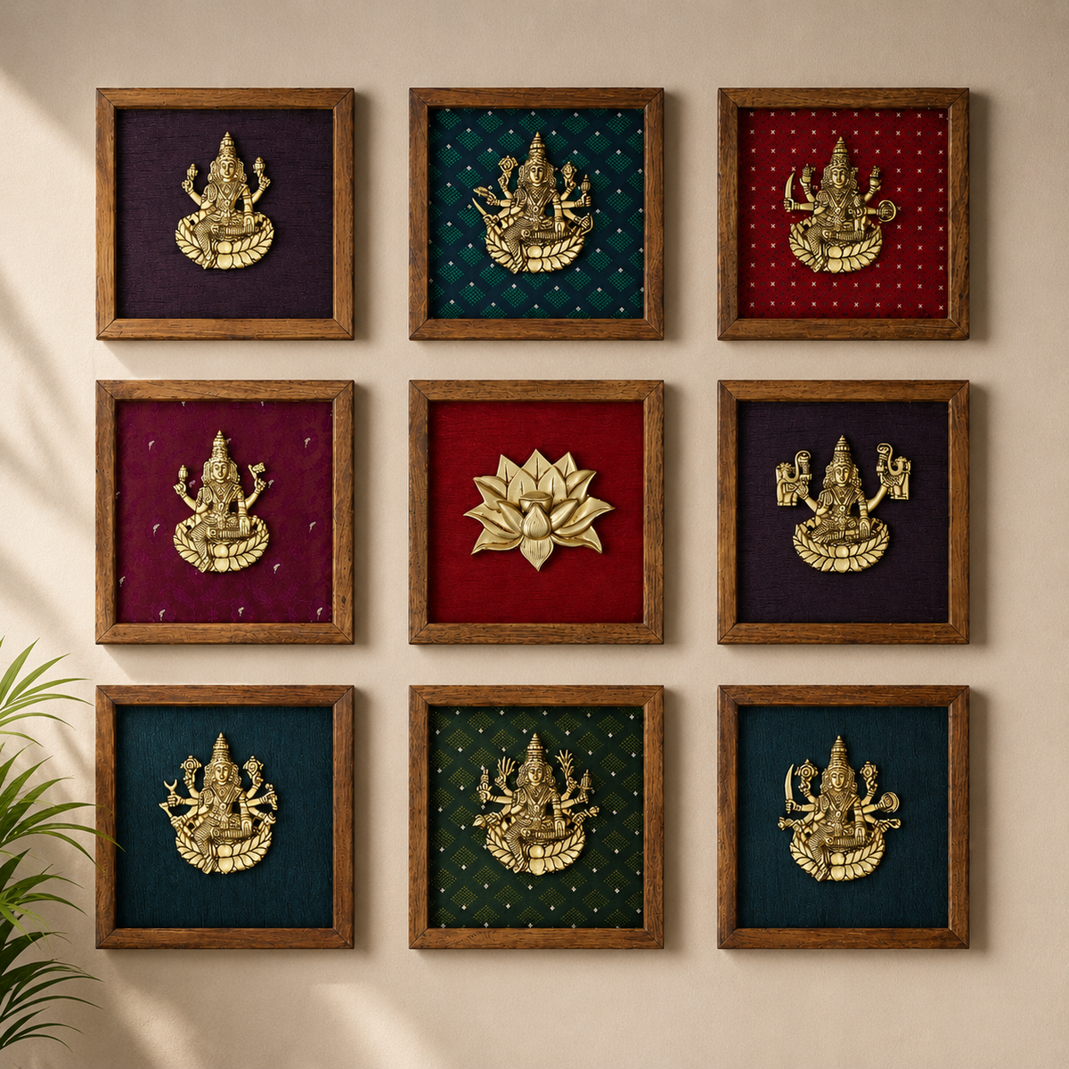 Wooden Framed Brass Ashtalakshmi And Lotus -Set of 9