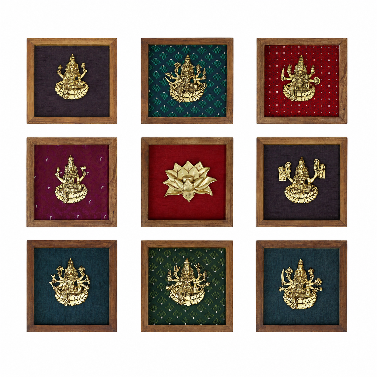 Wooden Framed Brass Ashtalakshmi And Lotus -Set of 9