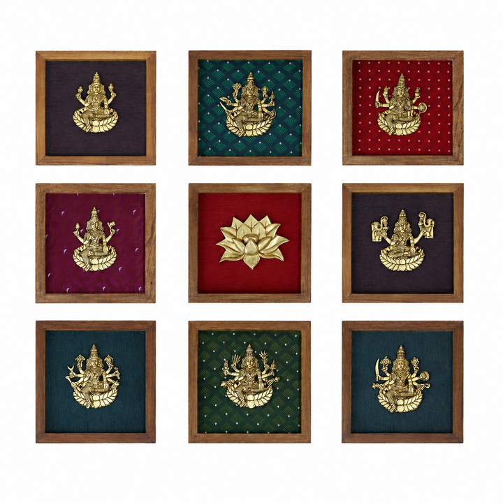 Wooden Framed Brass Ashtalakshmi And Lotus -Set of 9