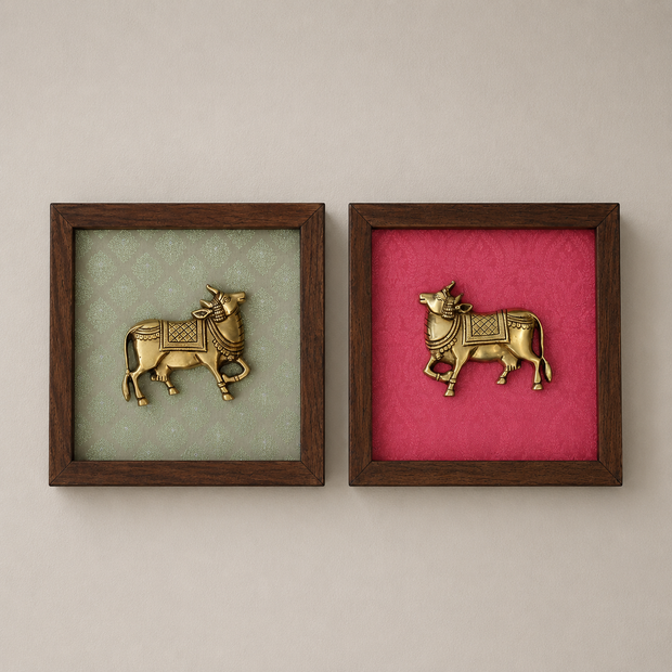 Set of Six Brass Figurines Wooden Wall Frames