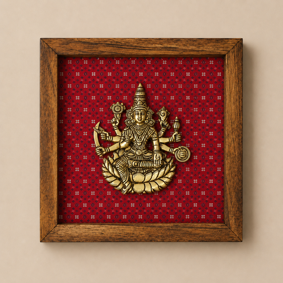 Wooden Framed Brass Ashtalakshmi And Lotus -Set of 9