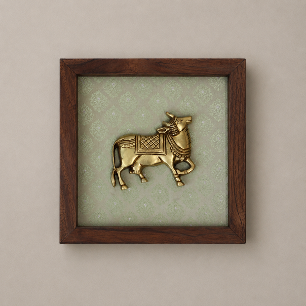 Set of Two Brass Cow Wooden Wall Frames