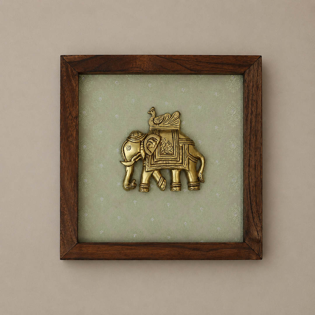 Set of Two Brass Elephant Wooden Wall Frames
