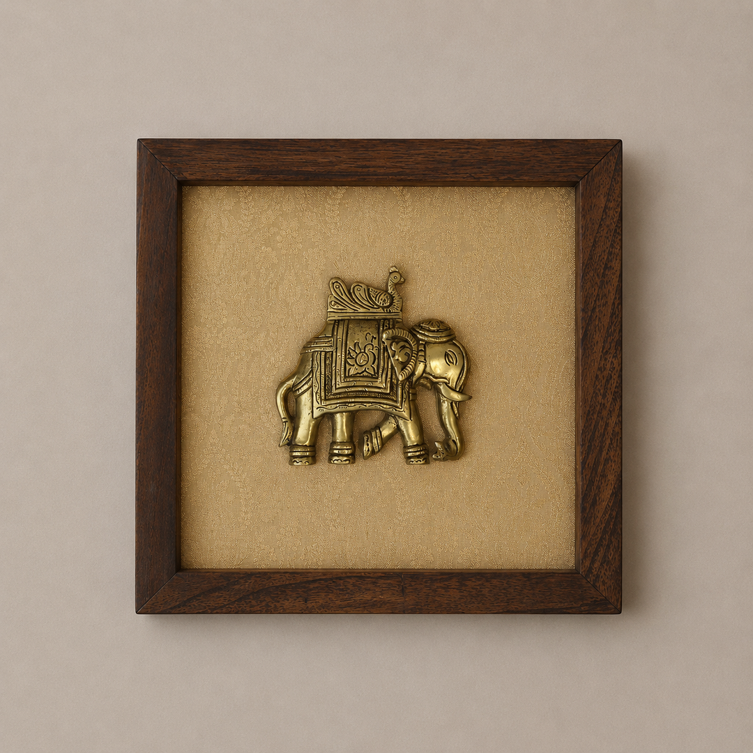 Set of Two Brass Elephant Wooden Wall Frames