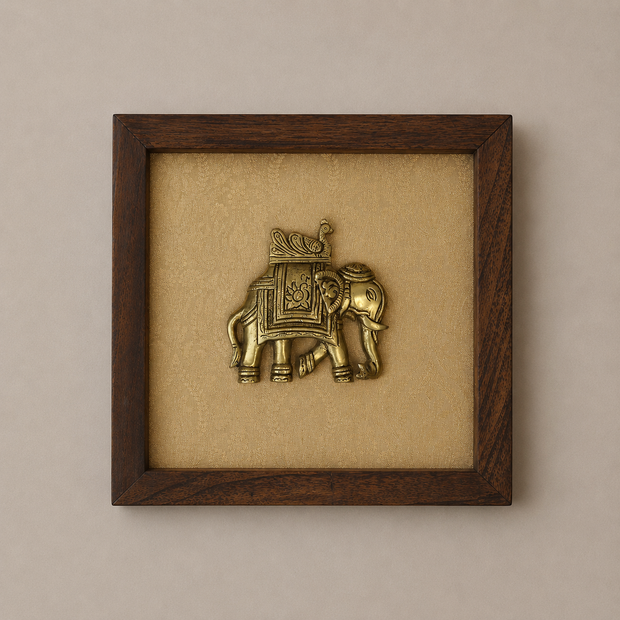 Set of Two Brass Elephant Wooden Wall Frames