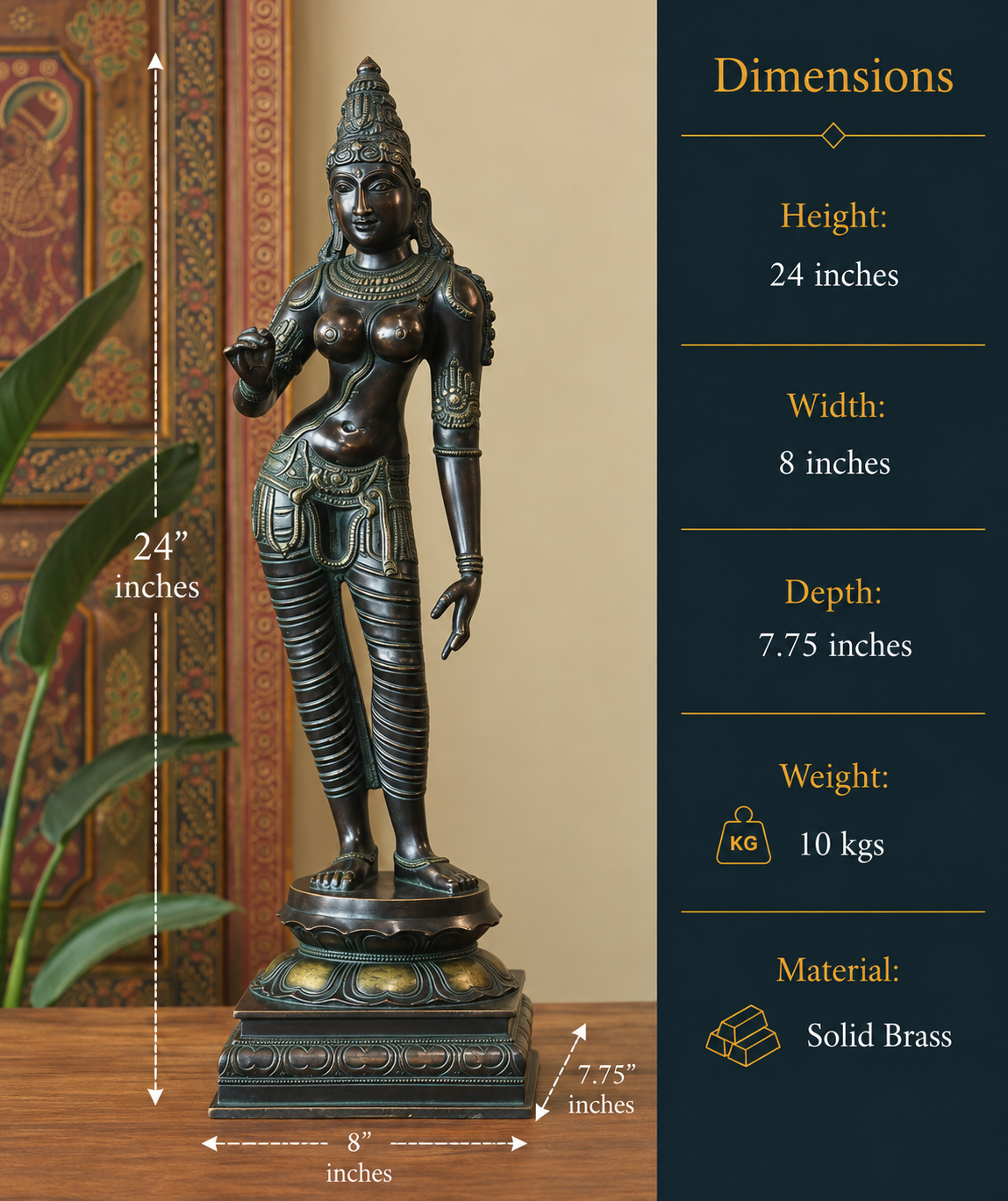 Standing Parvati Brass Sculpture 24"| Chola Style Spiritual Art