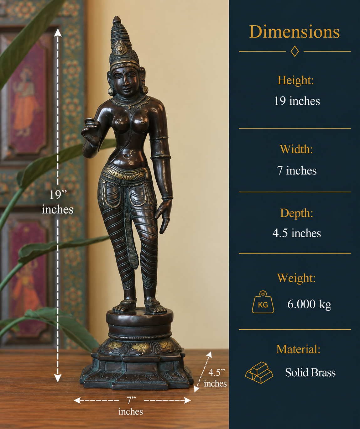 Standing Uma Parvati Brass Sculpture | Chola Style Spiritual Art