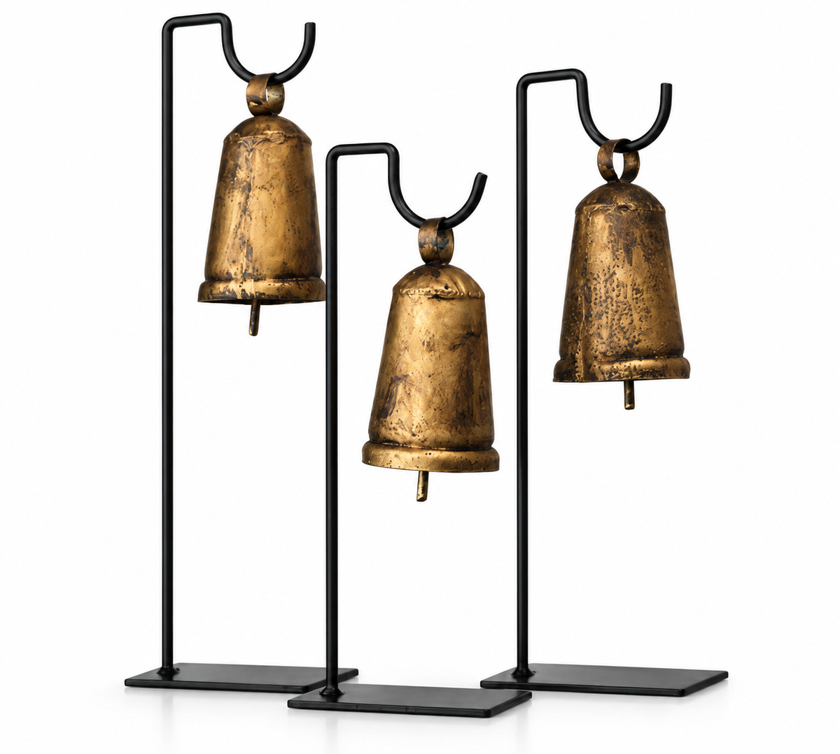 Vintage Finished Metal Bells Set of 3 on Stand