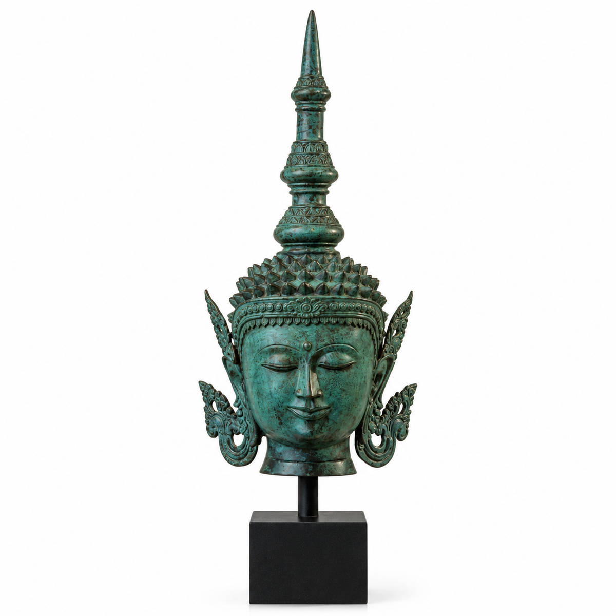 Balinese Bronze Buddha Head Sculpture with Wood Base