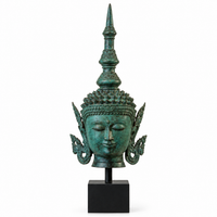 Balinese Bronze Buddha Head Sculpture with Wood Base