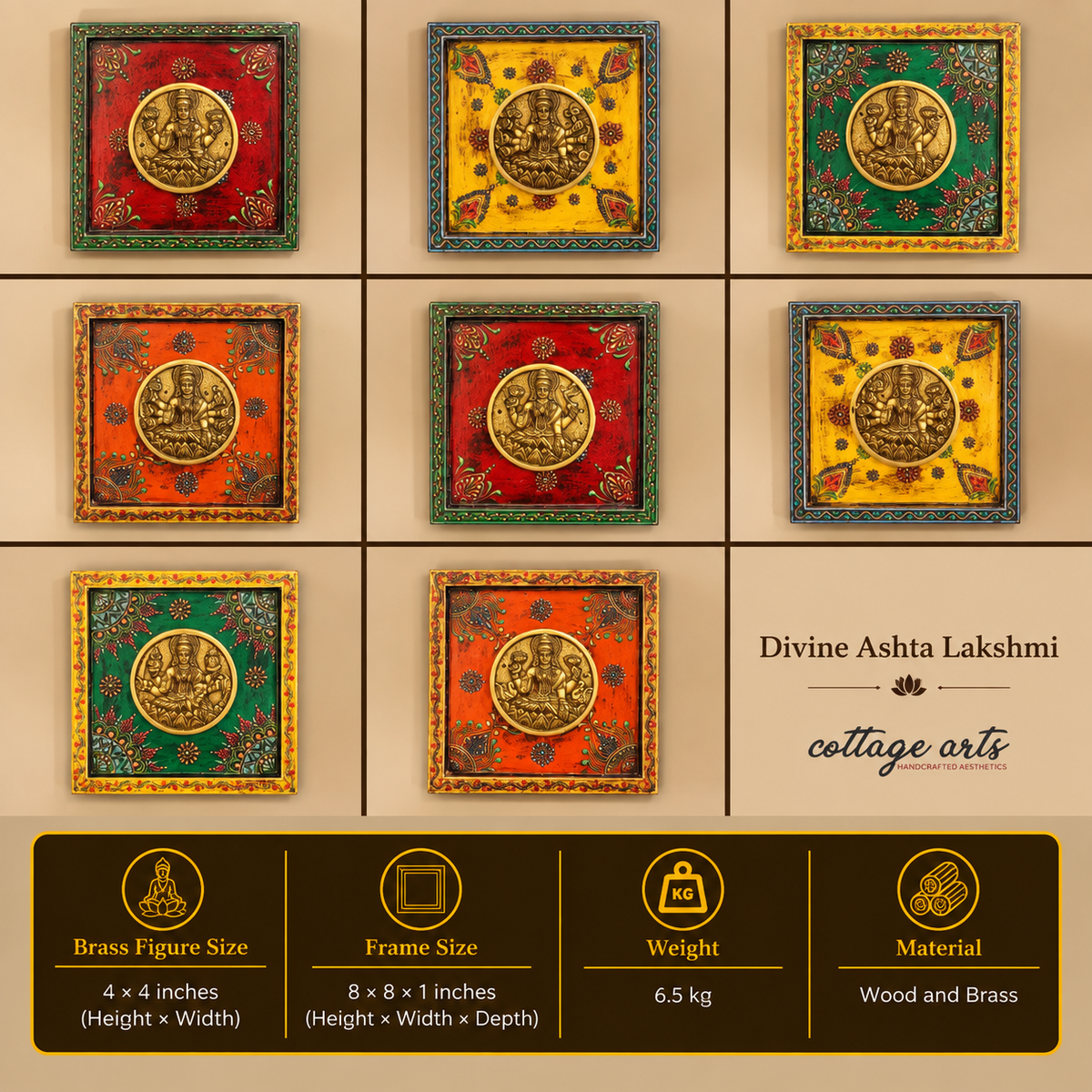 Brass Ashta Lakshmi Wooden Frame(Set of 8 Lakshmi)