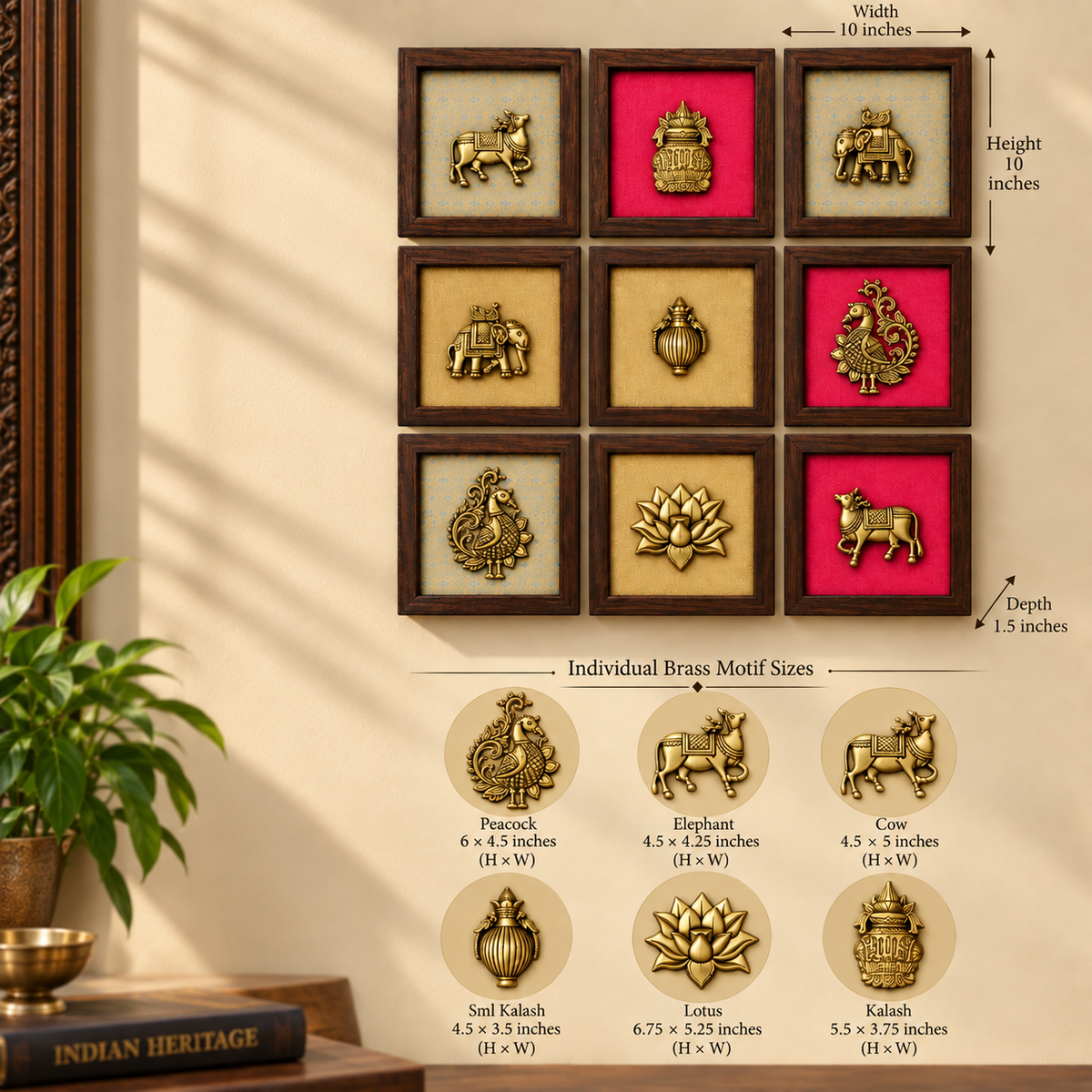 Set of Nine Brass Figurines Wooden Wall Frames