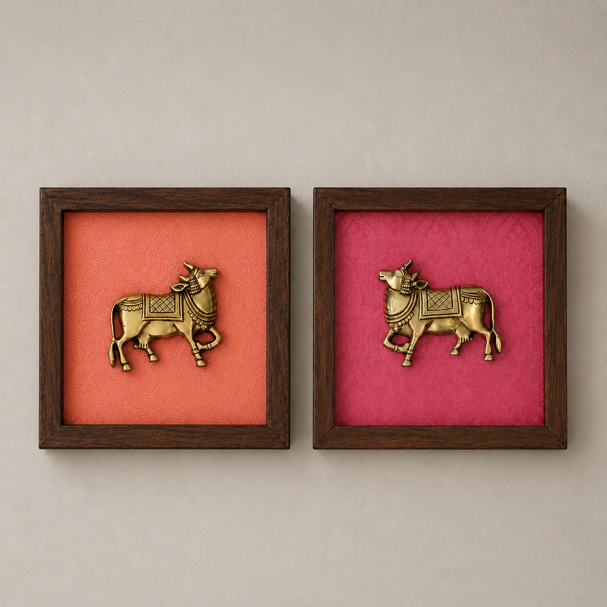 Set of Six Brass Figurines Wooden Wall Frames
